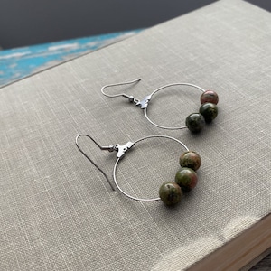 Unakite Stone Hoop Earrings: Stainless Steel Modern Earrings