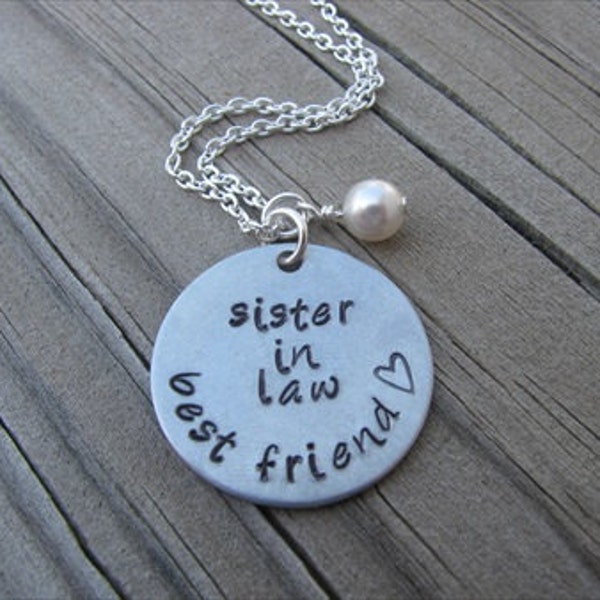 Sister in Law Necklace- "sister in law best friend" with small heart, and an accent bead in your choice of colors- Hand-Stamped Necklace