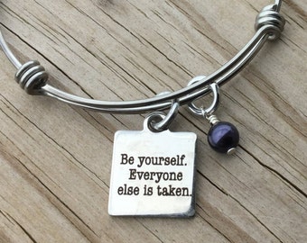 Inspirational Quote Charm Bracelet: Laser Etched Stainless Steel Bangle