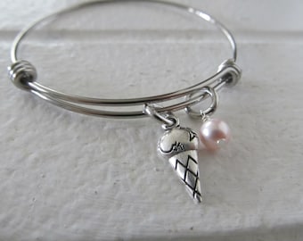 Ice Cream Cone Charm Bracelet: Adjustable Bangle with Accent Bead