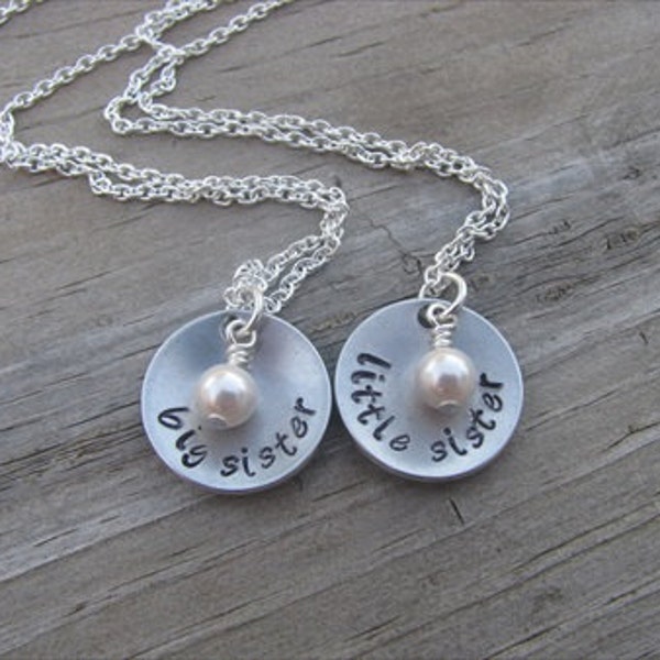 Sisters Necklaces- 2 Necklace Set- "big sister", "little sister" domed pendants- with accent bead of your choice-set of 2 necklaces