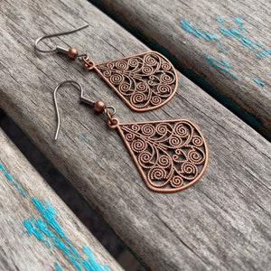 Antique Copper Earrings- Lace/Filigree Style Teardrop Earrings