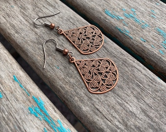 Antique Copper Earrings- Lace/Filigree Style Teardrop Earrings