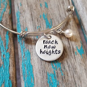 Inspiration Bracelet- Hand-Stamped "reach new heights" Bracelet with an accent bead in your choice of colors