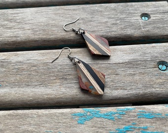 Wood and Multi-Colored Diamond-Shaped Earrings