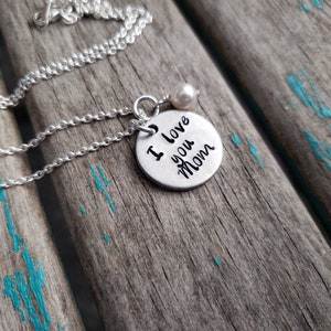 Mom Necklace- &quot;I love you Mom&quot; with an accent bead in your choice of colors- Hand-Stamped Necklace