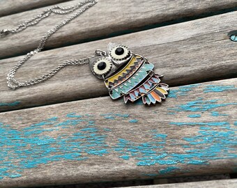 Owl Necklace- Colorful Antique Silver, Yellow, Purple, Orange, Green, Red, Blue, etc.- LARGE Pendant