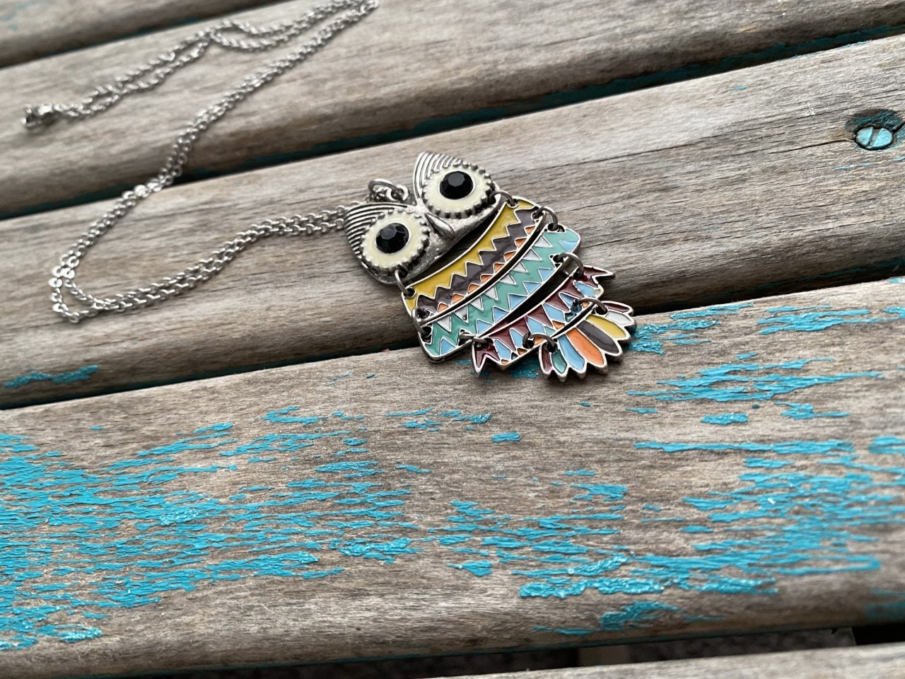 Owl Necklace- Colorful Antique Silver, Yellow, Purple, Orange, Green, Red, Blue, etc.- LARGE Pendant