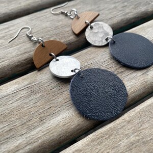 Deep Blue, Wood, and Textured Silver Earrings