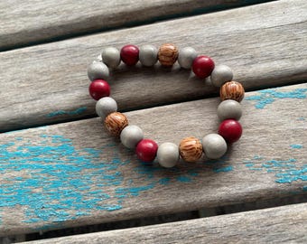 Deep Red, Grey, and Tan Wood Beaded Bracelet