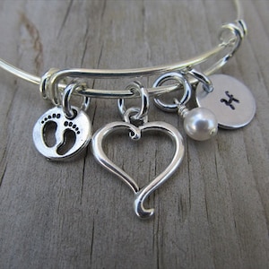 Mother's Bracelet- New Mother Gift, Expectant Mother Gift, Baby Shower Gift- Baby Feet Charm, Heart Charm, Initial, and accent bead