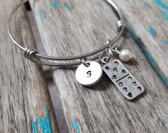 Domino Bangle Bracelet- Adjustable Bangle Bracelet with Hand-Stamped Initial, Domino Charm, and an accent bead of choice