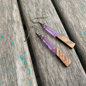 Long Wood and Purple with Gold Flecks Acrylic Earrings -Tapered-Style