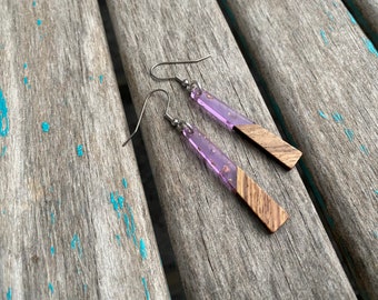 Long Wood and Purple with Gold Flecks Acrylic Earrings -Tapered-Style