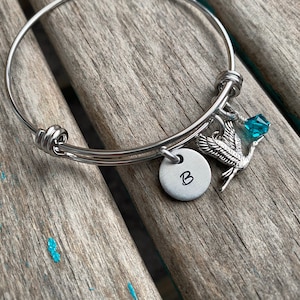 Sandhill Crane Bracelet- Adjustable Bangle Bracelet with Hand-Stamped Initial, Crane Charm, and accent bead