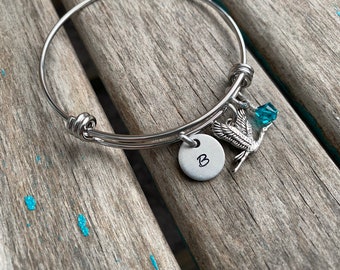 Sandhill Crane Bracelet- Adjustable Bangle Bracelet with Hand-Stamped Initial, Crane Charm, and accent bead
