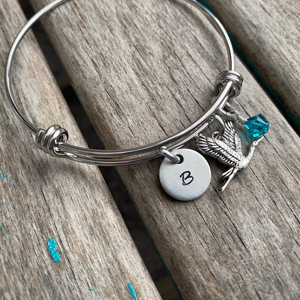 Sandhill Crane Bracelet- Adjustable Bangle Bracelet with Hand-Stamped Initial, Crane Charm, and accent bead