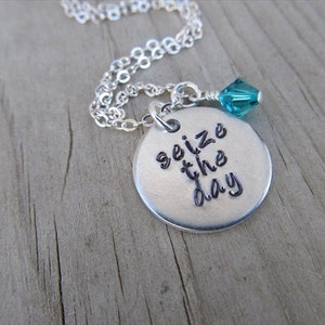 Inspiration Necklace- "seize the day" with an accent bead in your choice of colors- Hand-Stamped Jewelry