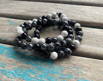 Stone Beaded Bracelet Stack - Snowflake Obsidian, White Howlite, and Hemalyke  Layering Bracelets- set of 3 bracelets