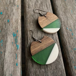 Wood, Green, and White Acrylic Earrings