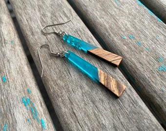 Long Wood and Turquoise Flicks Acrylic Earrings -Tapered-Style