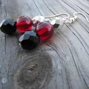 Red, Black, and Silver Glass Beaded Earrings
