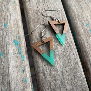 Wood and Mint, Triangle-Shaped Acrylic Earrings