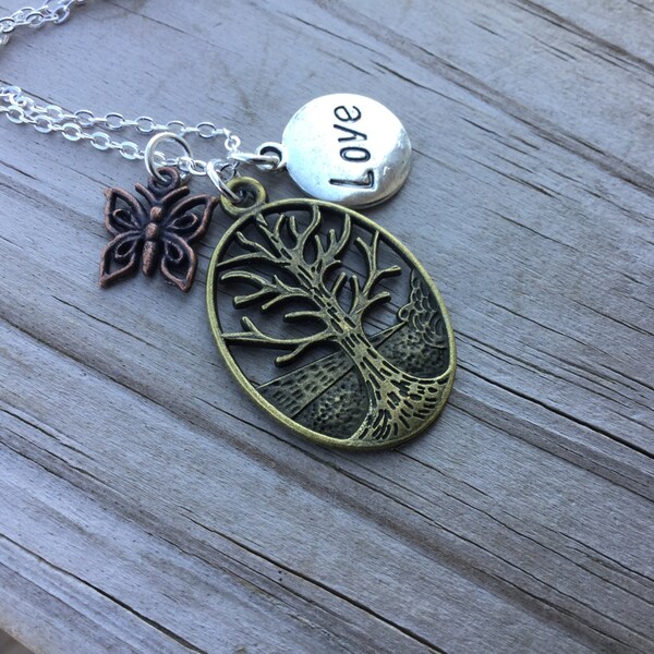 Tree Mixed Metals Charm Necklace- Tree, Butterfly, Love- with your choice of chain