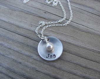 Inspirational Word Necklace- brushed silver domed disc with "Joy" and an accent bead in your choice of colors- Hand-Stamped Jewelry