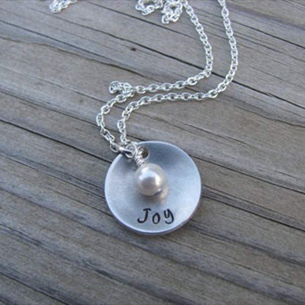 Inspirational Word Necklace- brushed silver domed disc with "Joy" and an accent bead in your choice of colors- Hand-Stamped Jewelry