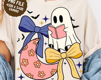 Preppy Ghost Reading Halloween Png, Book Lover Halloween Shirt, Fall DTG Printable Design, Ghost Book Lover Shirt, Halloween Book Lover Gift