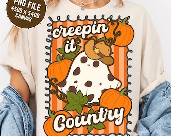 Creepin' it Country Halloween Cowboy Ghost Png, Fall DTG Printable Design, Howdy Halloween Design, Western Halloween, Vintage Halloween Png