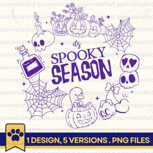 May include: A purple and white Halloween-themed graphic with the text "Its Spooky Season." The design includes pumpkins, skulls, spiderwebs, a potion bottle, and a duck reading in a pumpkin. The bottom of the image says "1 DESIGN, 5 VERSIONS. PNG FILES."
