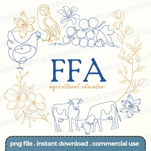 Op de afbeelding: Digitale illustratie met marineblauwe "FFA" letters en lijntekeningen van agrarische elementen. Bevat een uil, kip, druiven, bloemen en koeien. De tekst "agricultural education" staat eronder.