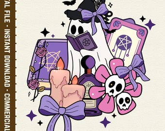 Pode incluir: Ilustração digital de um fantasma com um chapéu de bruxa lendo um livro, com velas, uma garrafa de poção, caveiras e um laço. A imagem usa roxo, rosa e preto. O tema é gótico e mágico.