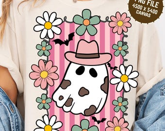 Preppy Country Halloween Cowboy Ghost Png, Fall DTG Printable Design, Girly Halloween Design, Halloween Shirt Png, Coquette Halloween Png