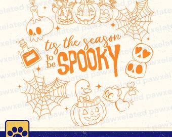 Pode incluir: Gráfico laranja com tema de Halloween com abóboras, caveiras, teias de aranha e o texto "tis the season to be SPOOKY." Disponível como arquivo PNG para download instantâneo.
