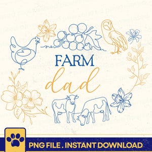 Può includere: Un grafico digitale con il testo FARM dad in blu e oro, circondato da illustrazioni a linea continua di un pollo, uva, un gufo, fiori e due mucche. La parte inferiore include un banner blu con un'impronta di zampa e del testo.