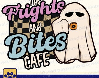 Firghts and Bites Café Spöklik Säsong png, Retro Halloween png, Kaffe png, Halloween Kaffe, Halloween Flickaktigt png, Spöke png, Spöklikt Kaffe