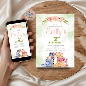 Editable Green Winnie the Pooh Bear Birthday Invitation Template | 5x7 and Mobile Size | Editable Digital Download