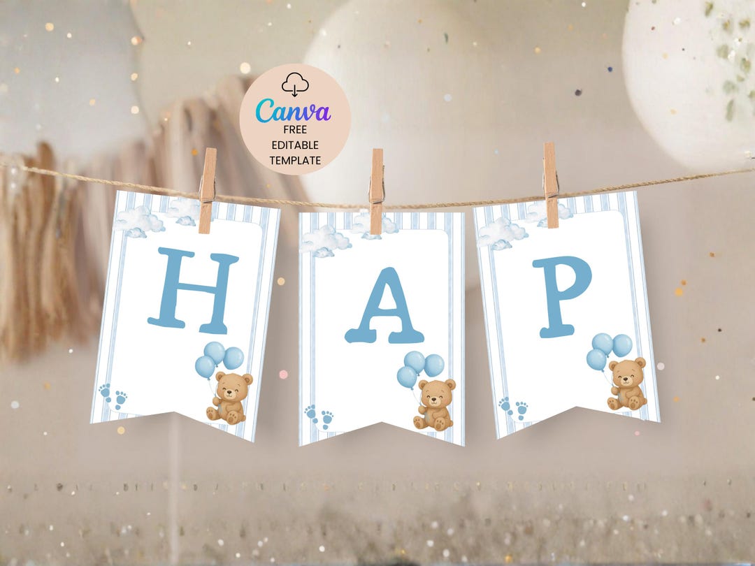 Editable Blue Gingham Beary 1st Theme Our Little Bear Birthday Bunting ...