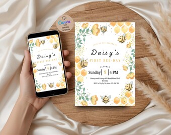 Floral  First Bee-Day Birthday Invitation Template: Editable Canva Party Invite (Digital Download)