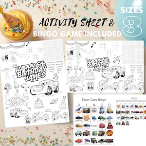 Könnte beinhalten: Ein Geburtstag-Aktivitätsset mit Cars-Thema, einschließlich eines Malbogens und eines Bingospiels. Der Bogen enthält den Text "Happy 6th Birthday James" und Bilder von Lightning McQueen und anderen Charakteren. Ein Cupcake mit Partyhut ist ebenfalls zu sehen.