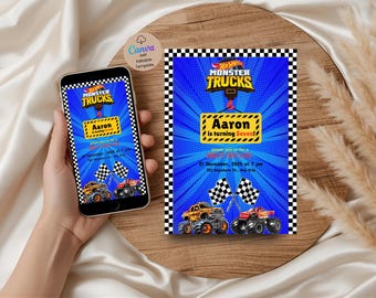 Monster Truck Birthday Invitation | Editable Canva Template (5x7) | Printable Kids Party Invite | Digital Download | Truck Theme Invite