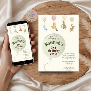Winnie the Pooh Birthday Neutral Birthday Invitation Template | 5x7 and Mobile Size | Editable Digital Download