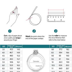 May include: Diagram illustrating how to measure ring size. Instructions include wrapping paper around a finger, marking the overlap, and measuring with a ruler. A chart provides size conversions in millimeters. The text reads "FIND YOUR RING SIZE".