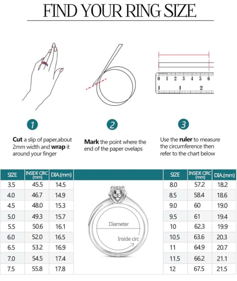 May include: Diagram illustrating how to measure ring size. Instructions include wrapping paper around a finger, marking the overlap, and measuring with a ruler. A chart provides size conversions in millimeters. The text reads "FIND YOUR RING SIZE".
