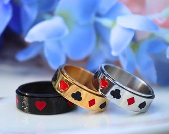 Stainless Steel Poker Ring, Mens Spinner Ring, Playing Card Ring, Lucky Poker Player Gift, Fidget Ring, BlackJack Gift, Ace Gambler Jewelry