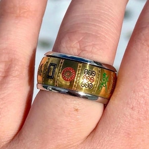 Mahjong Spinner Ring, Fidget Ring, Gold Chinese Jewelry, Stainless Steel Chinese Character Ring, Mahjong Playing Tile, Lucky Charm, Fortune