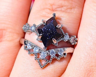 ACOTAR Ring - Acotar inspired Velaris Ring Set, Silver Blue Sandstone Ring Set, Night Court Feyre Acheron inspired Jewerly, Bookish Gift